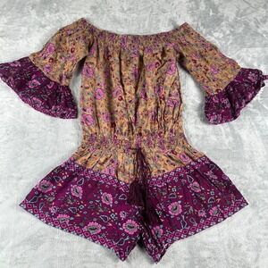 RAGA Romper Women XS Plum Tan Off Shoulder Bell Sleeve Floral Paisley Boho